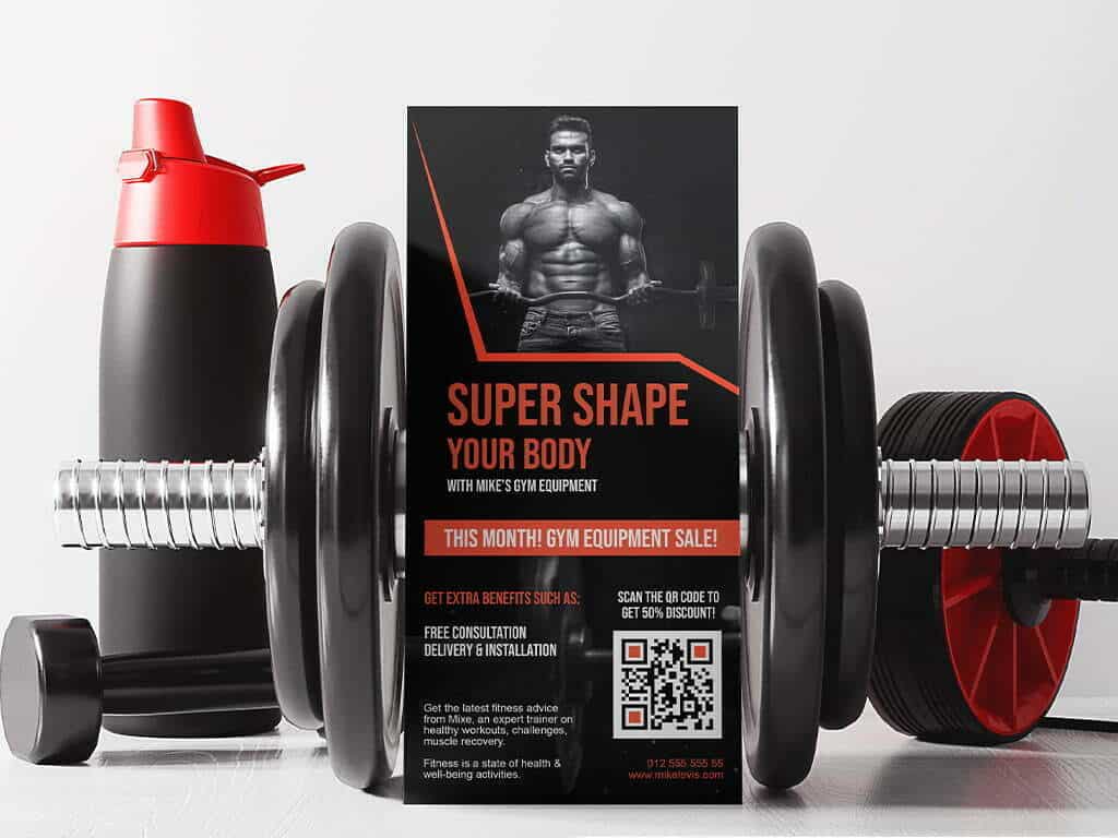 a gym qr code on a flyer with a man lifting and a barbell and shake next to it
