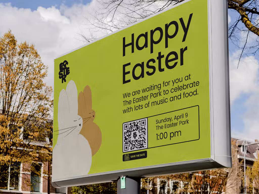 a qr code on a yellow billboard that says happy easter