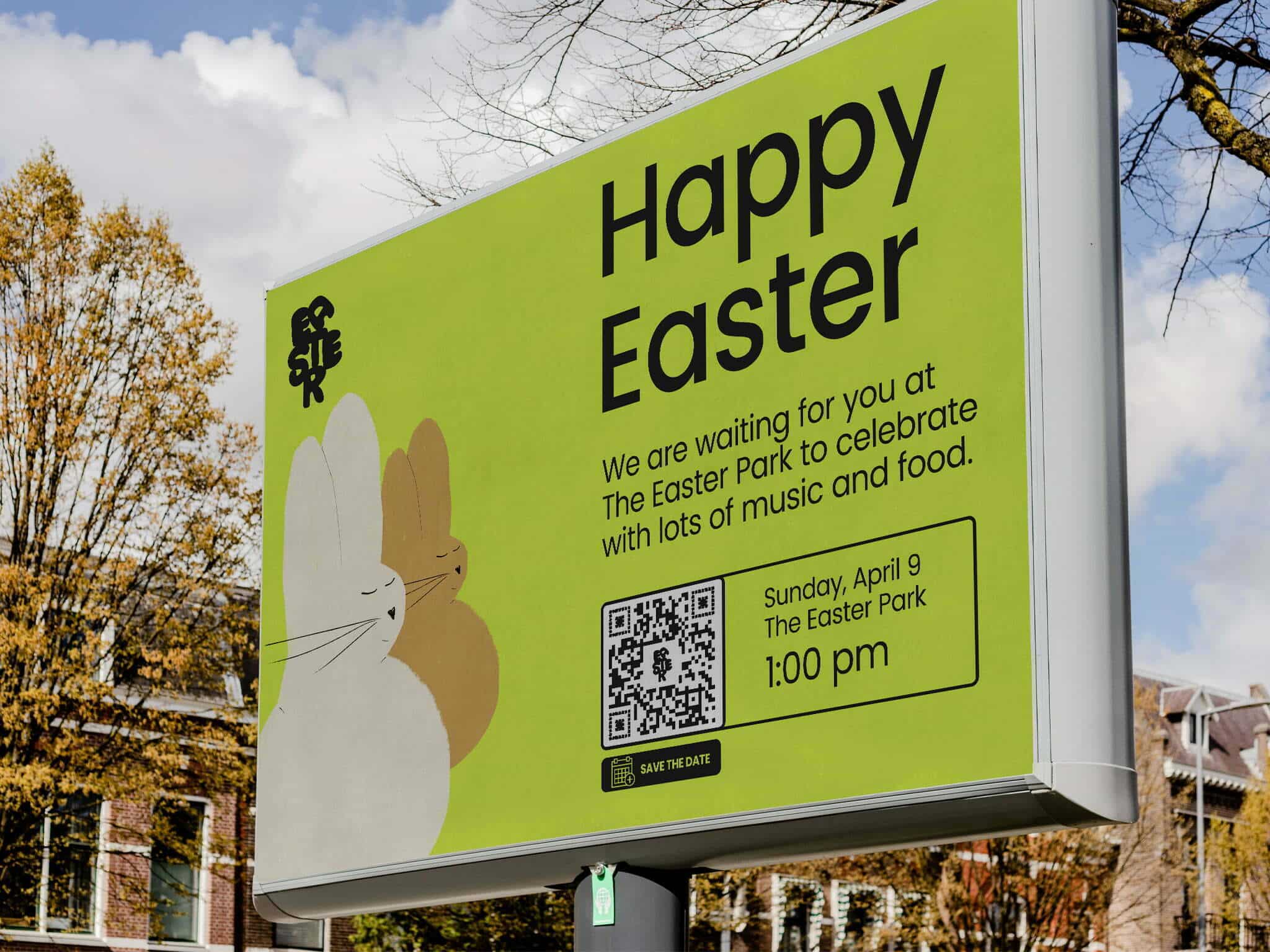 a qr code on a yellow billboard that says happy easter