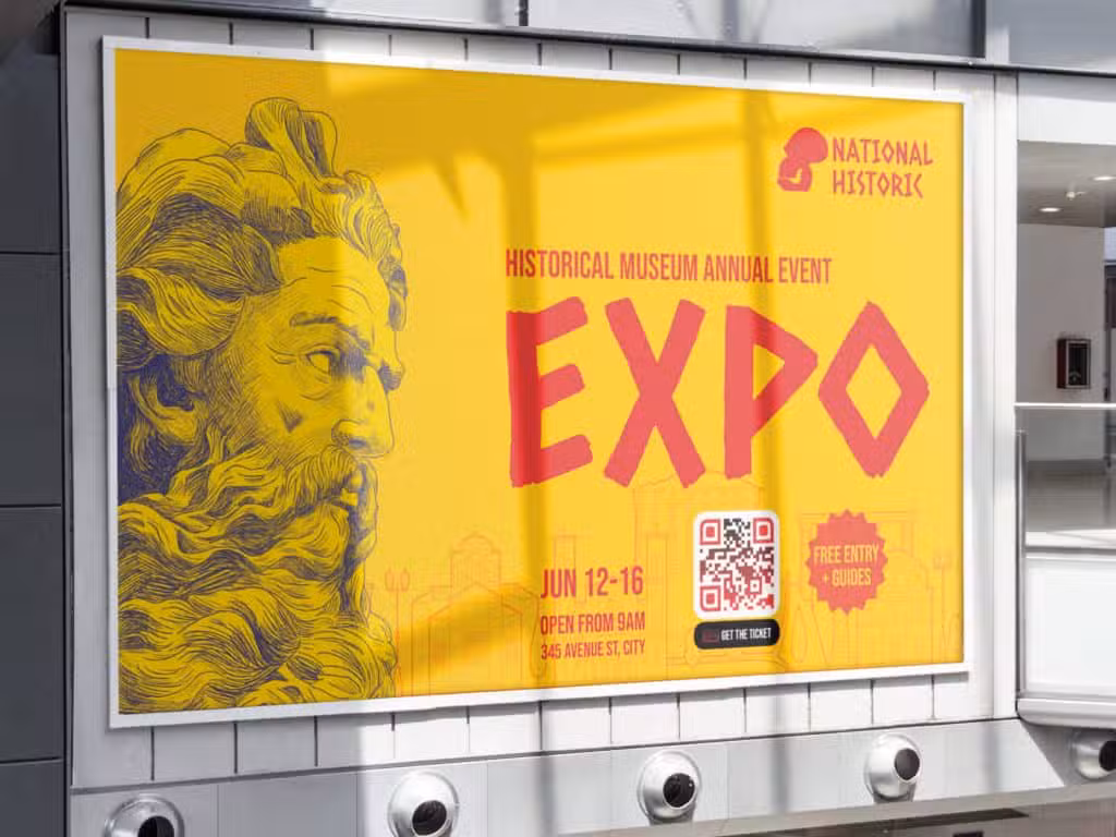 a yellow expo billboard with a qr code for a museum exhibition