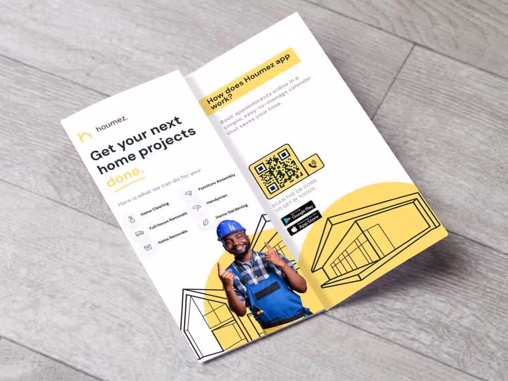 a qr code on a home brochure flyer that is yellow and white with a handyman on the front