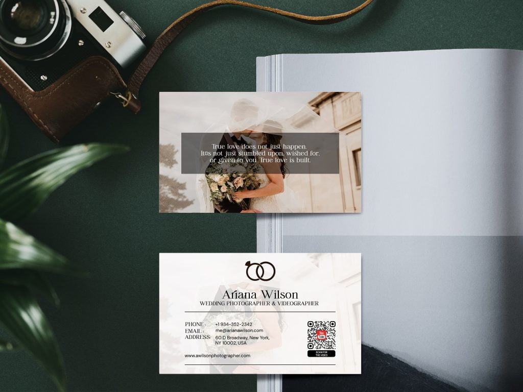 a youtube qr code on a business card for a wedding photographer