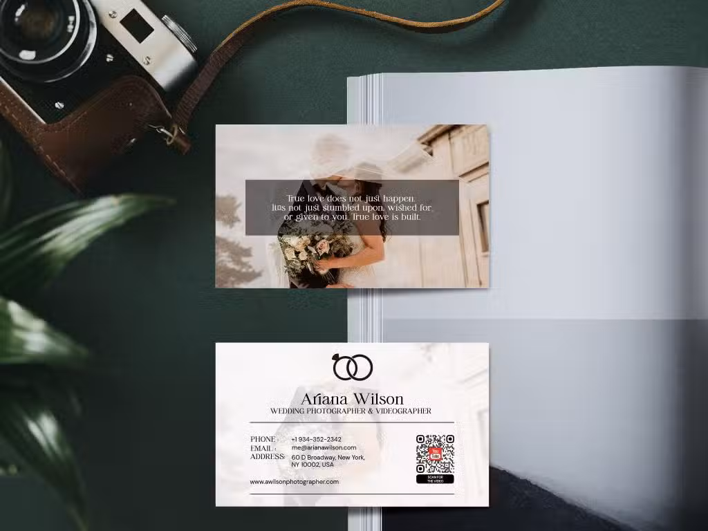 a youtube qr code on a business card for a wedding photographer