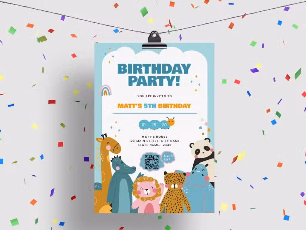 a kid's birthday party invitation with animals and a qr code