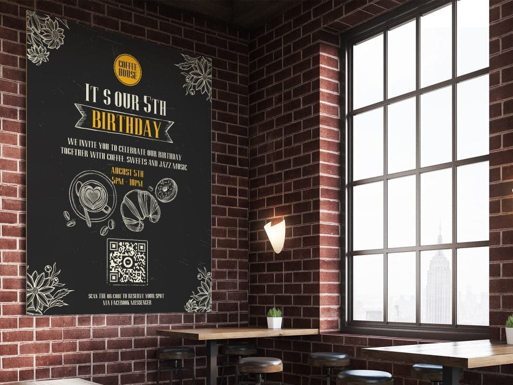 QR codes on a black sign in a bar with a brick wall
