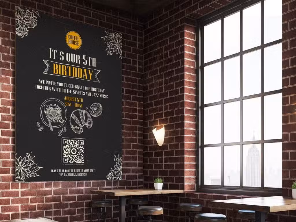 QR codes on a black sign in a bar with a brick wall