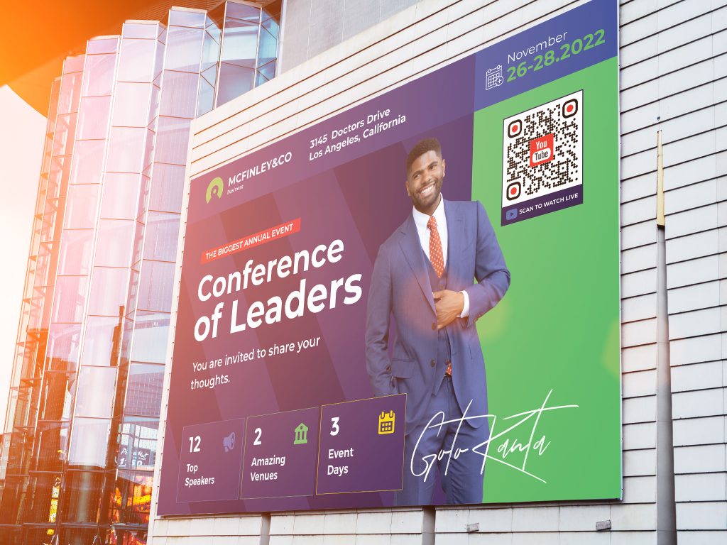 a youtube QR code for Stadiums and Convention Centers on a billboard with a man in a suit