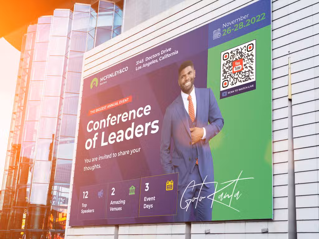 a youtube QR code for Stadiums and Convention Centers on a billboard with a man in a suit