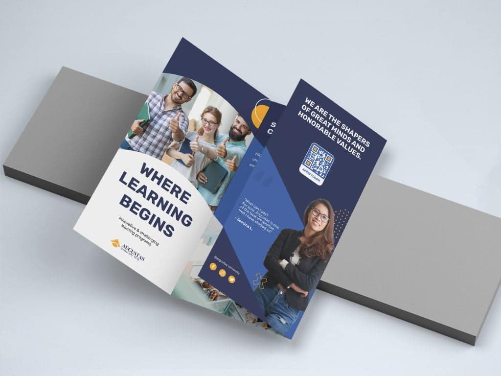QR code for university Registration on a blue pamphlet with students