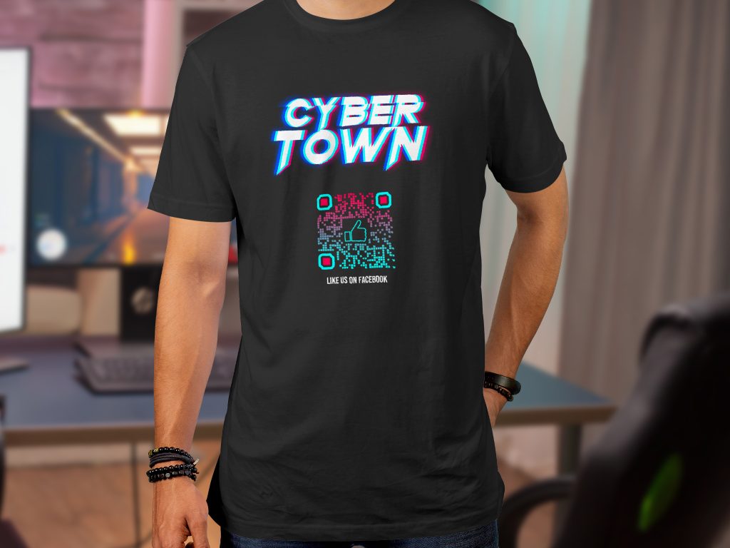 qr code on a black cyber town t-shirt