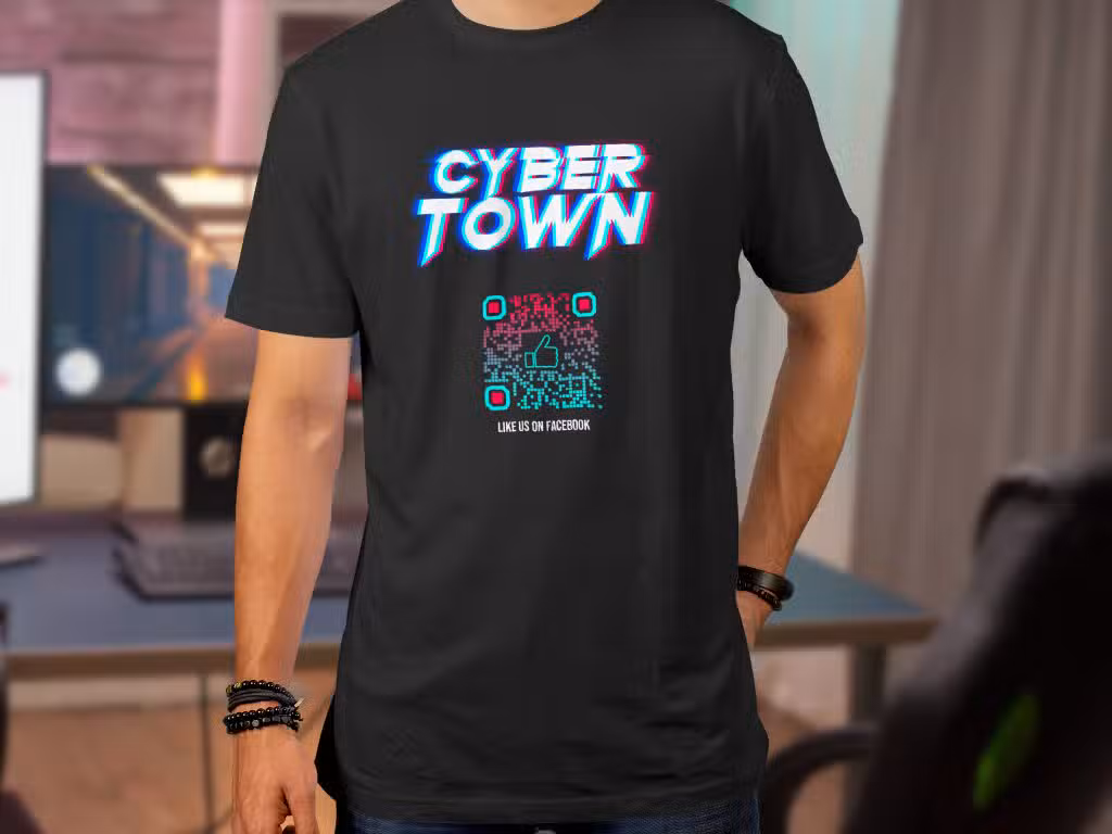 qr code on a black cyber town t-shirt