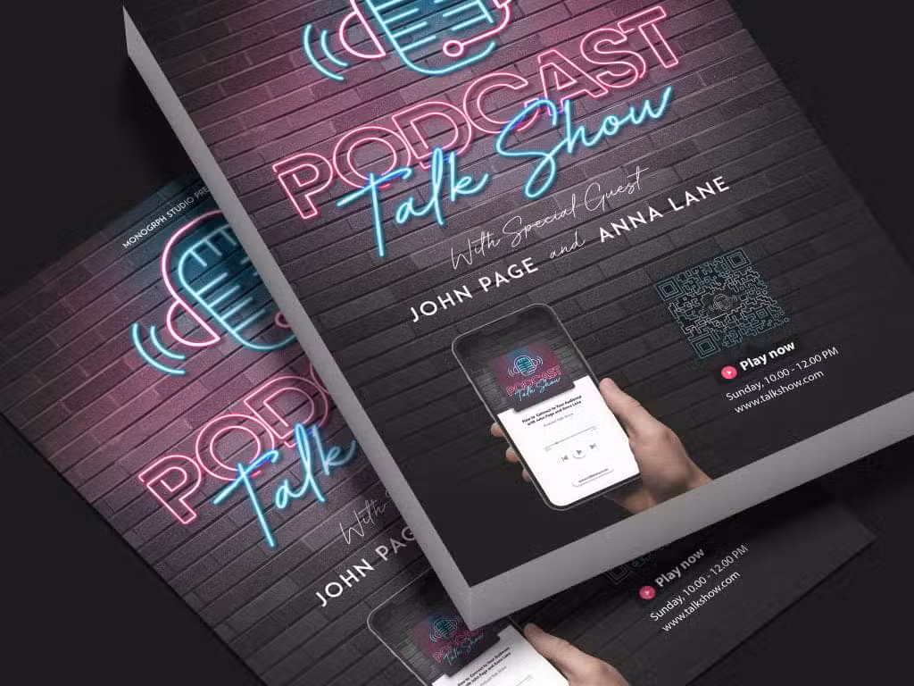 flyers for a talk show podcast with qr codes on them
