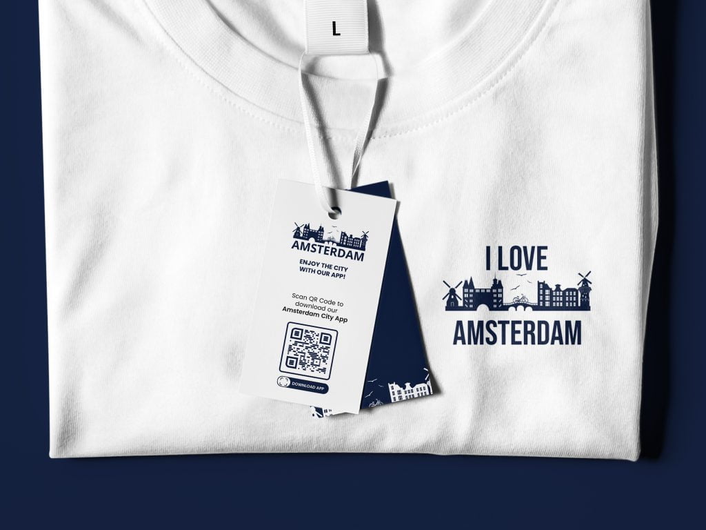 QR codes for Tourism on a clothing tag for a white sweatshirt that says, "I love Amsterdam."