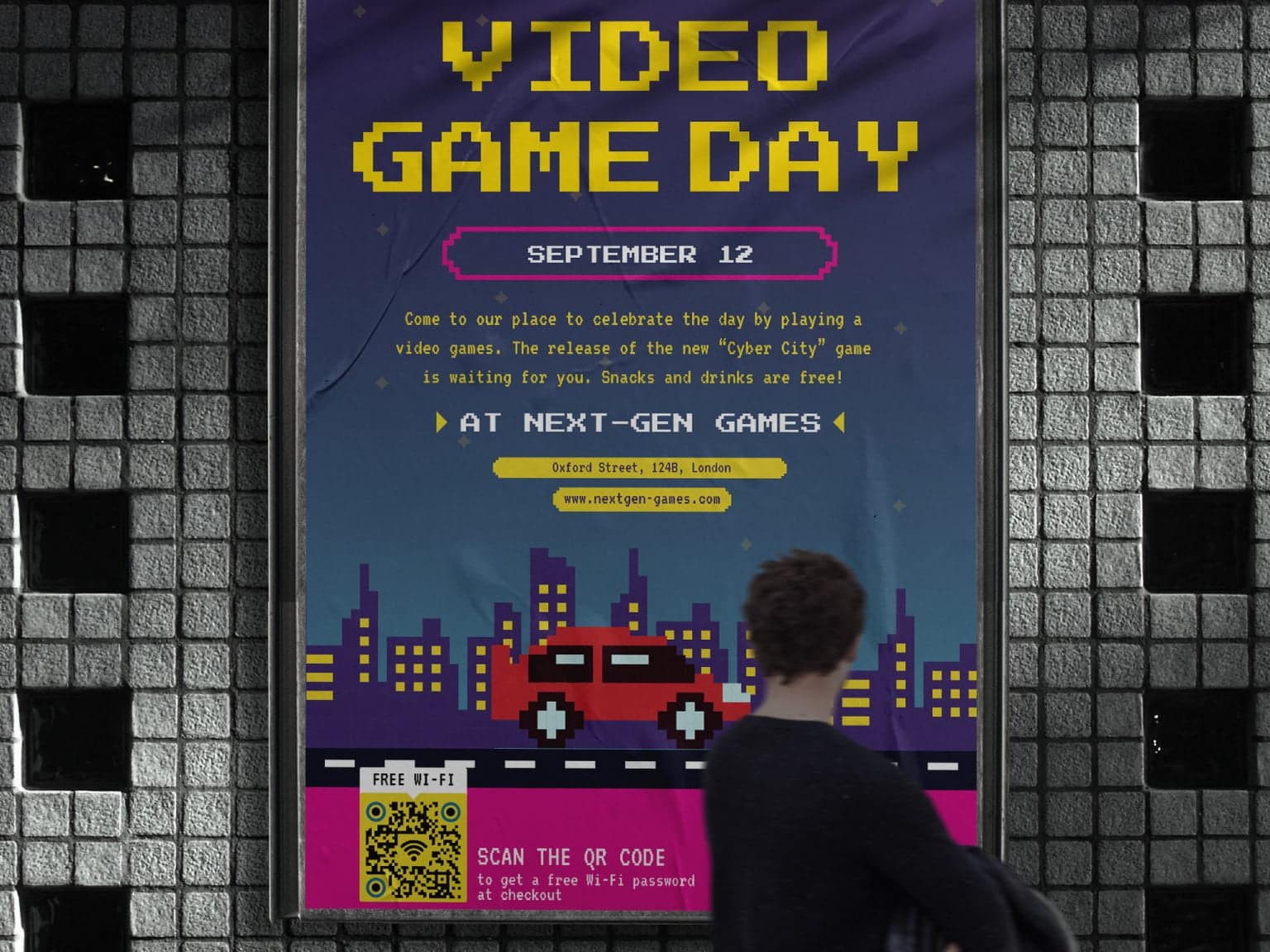 video game day poster that is colorful with a city and qr code