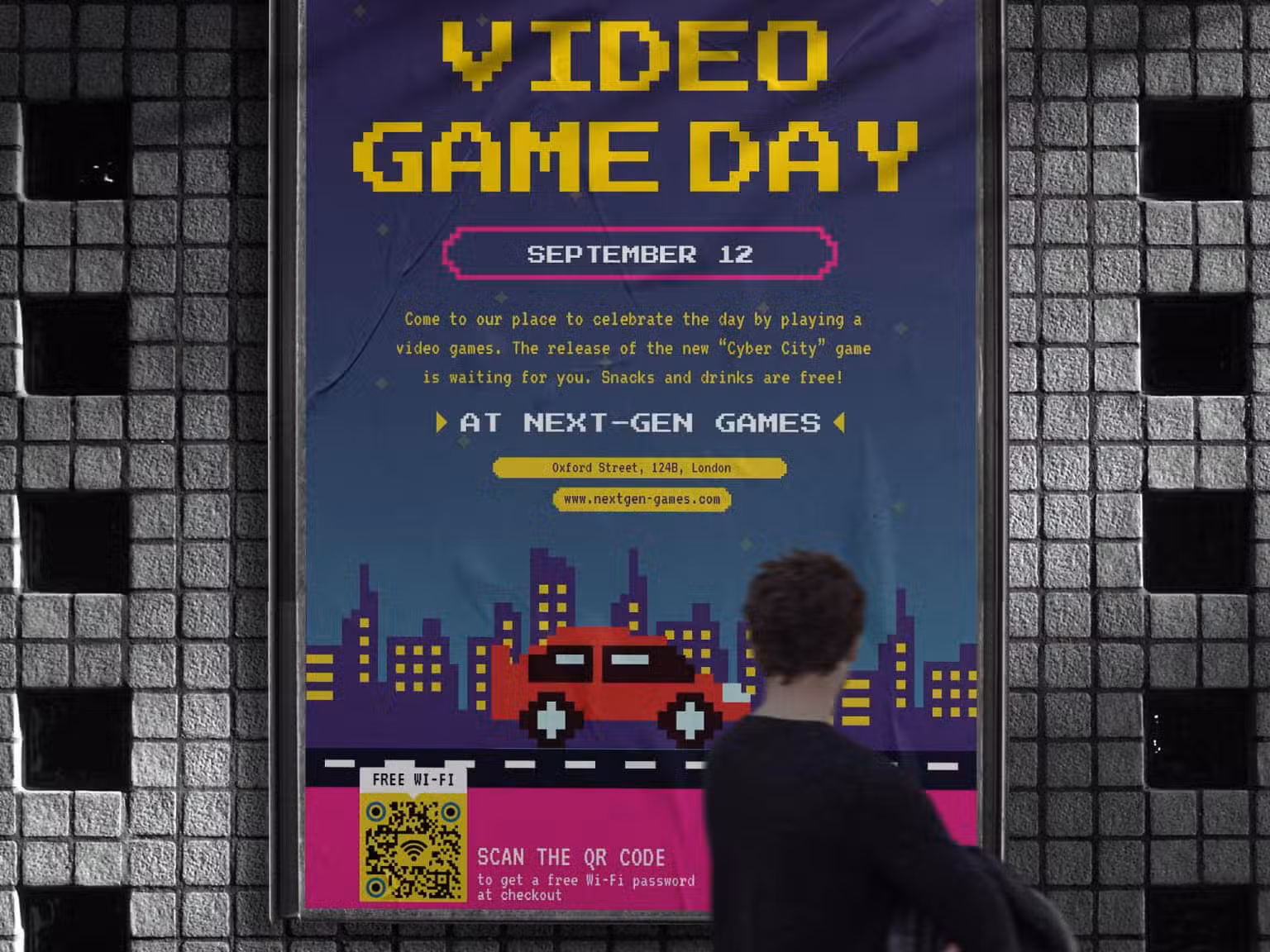 video game day poster that is colorful with a city and qr code