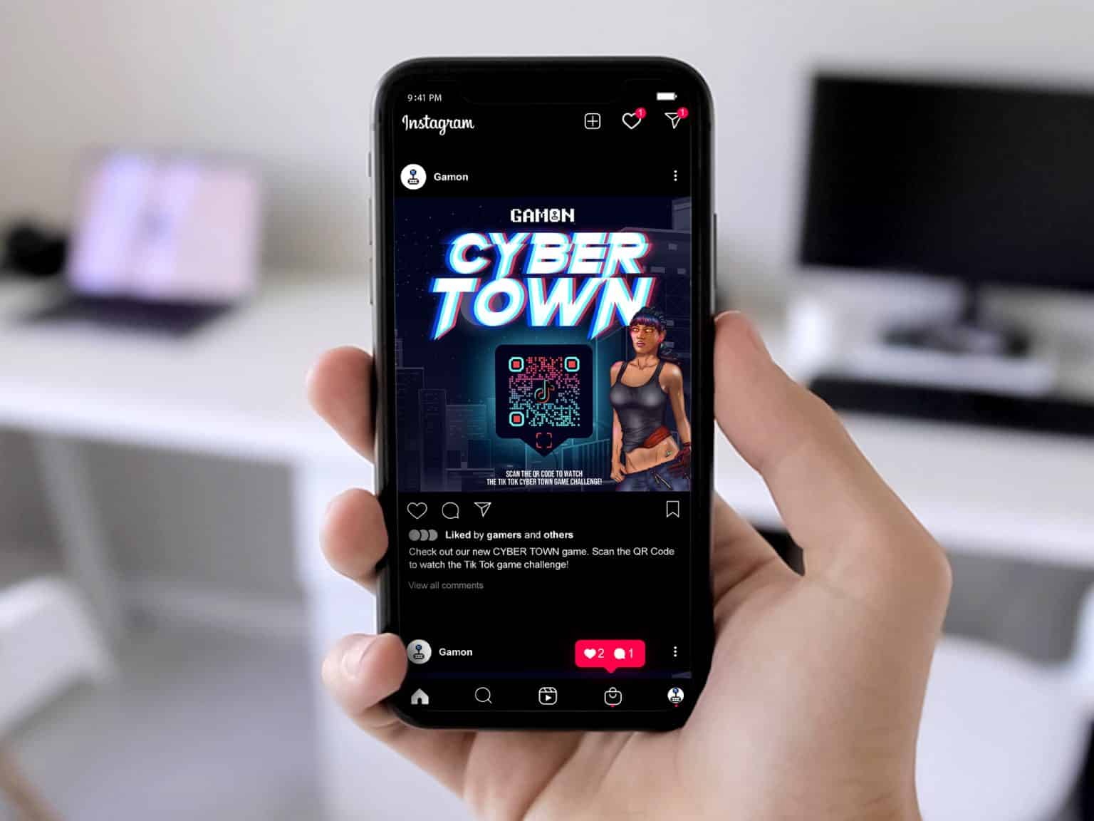 qr code for gaming that says cyber town on a cell phone