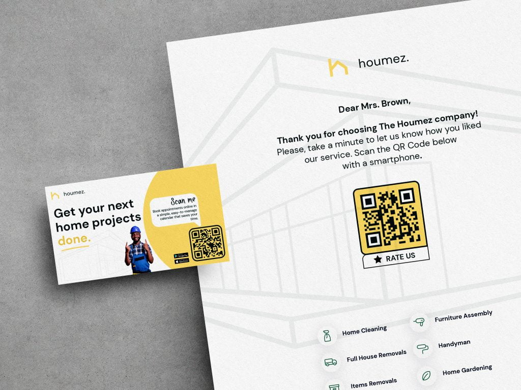 a yellow review QR code on Stationery for home repairs
