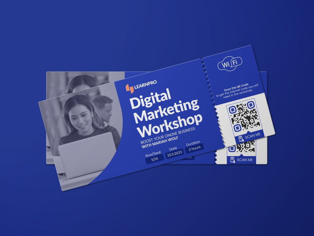 blue digital marketing workshop tickets with a qr code