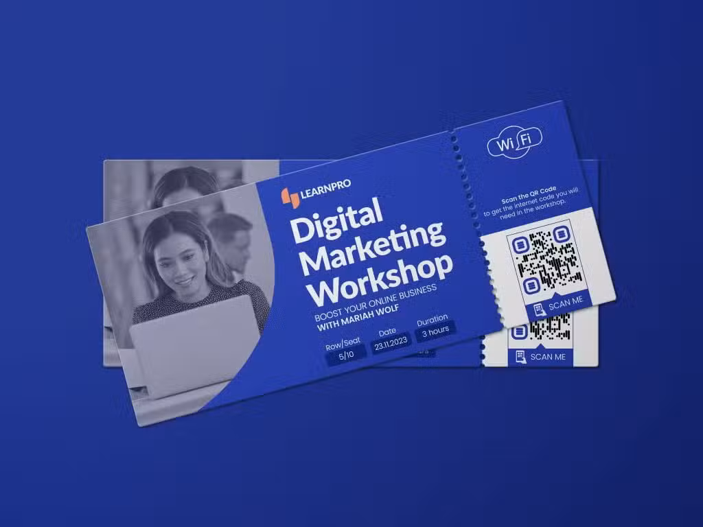 blue digital marketing workshop tickets with a qr code
