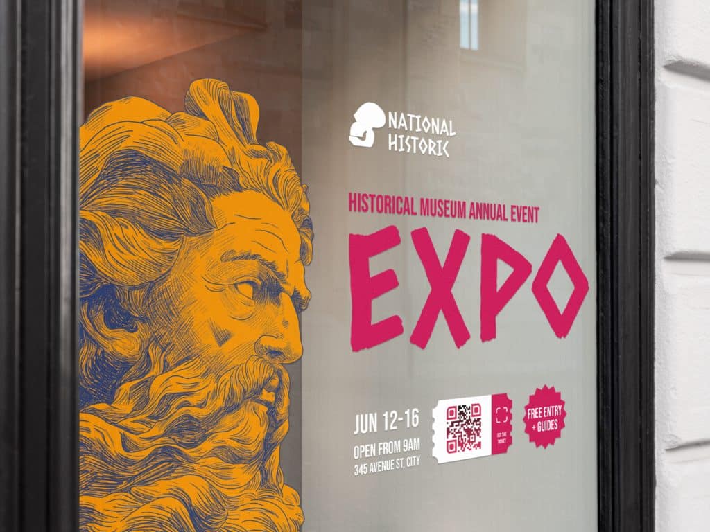 a qr code on a window for an expo with a golden male face statue image