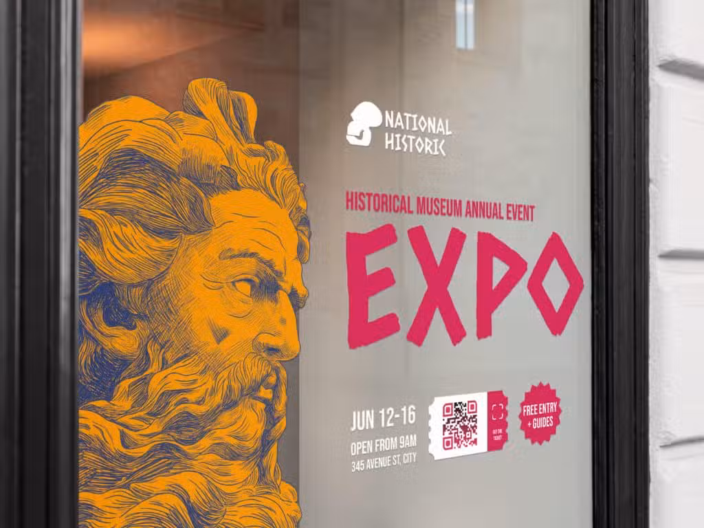 a qr code on a window for an expo with a golden male face statue image