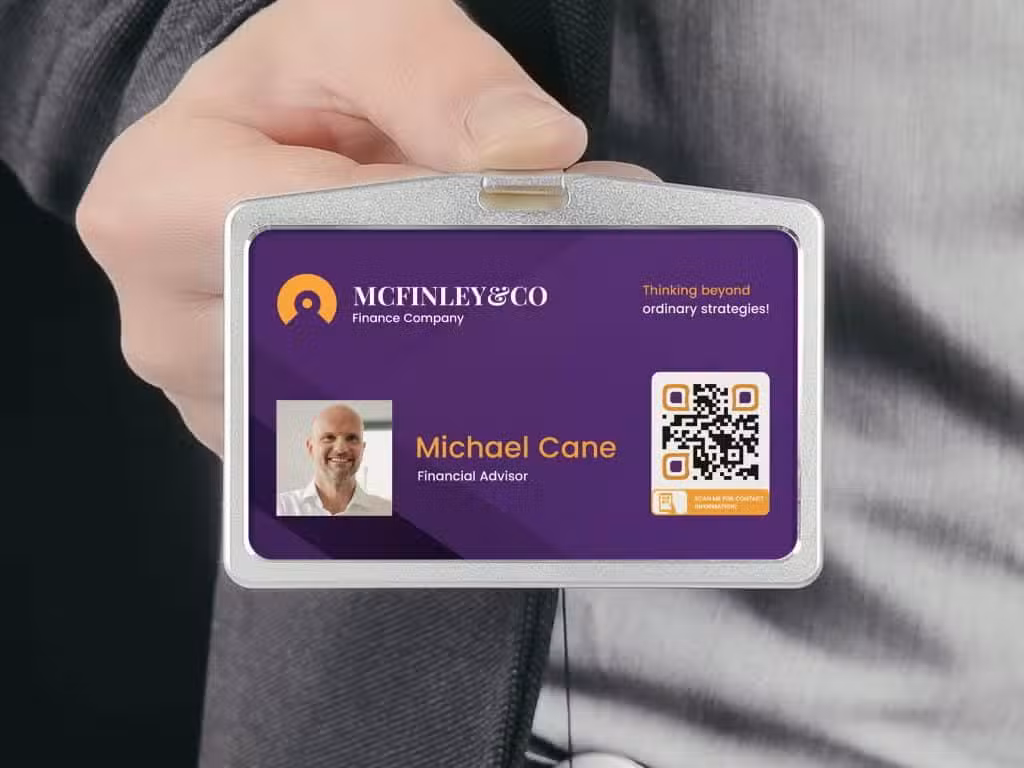 a vcard QR code on purple Badge for a finance company