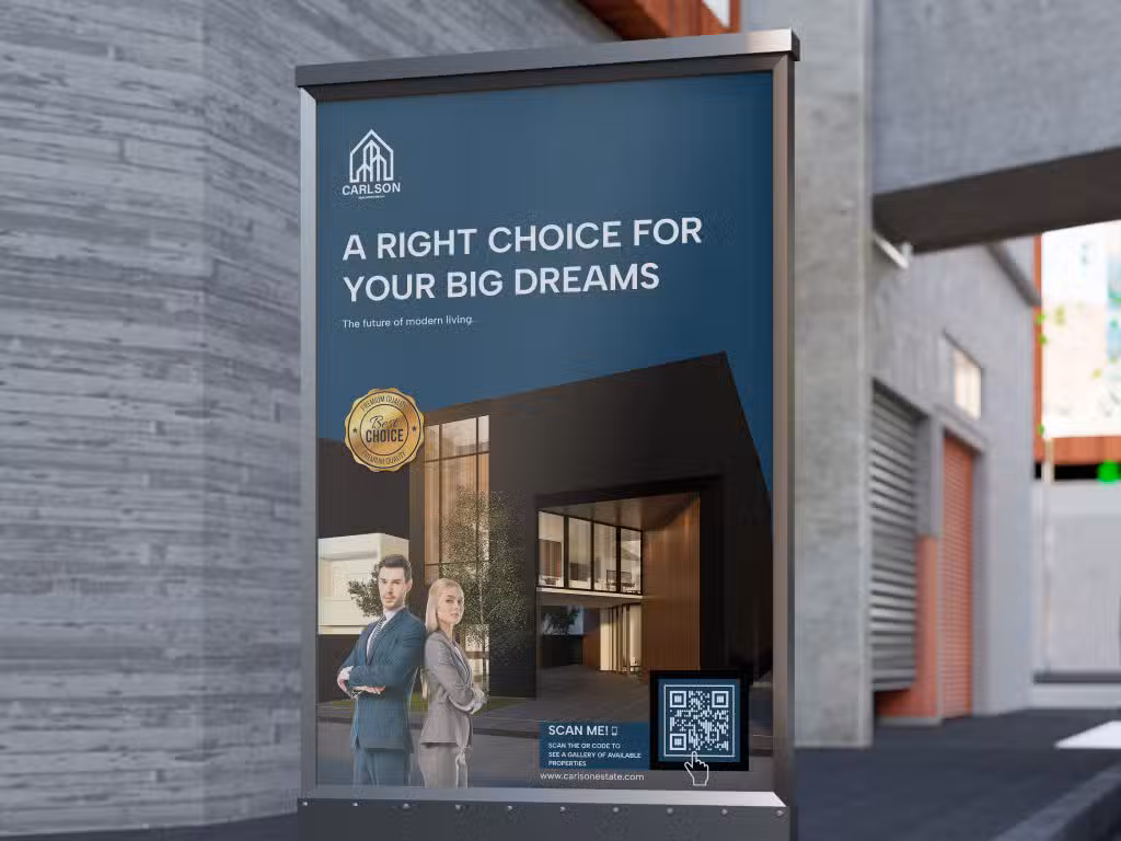poster on a building with qr code for real estate marketing