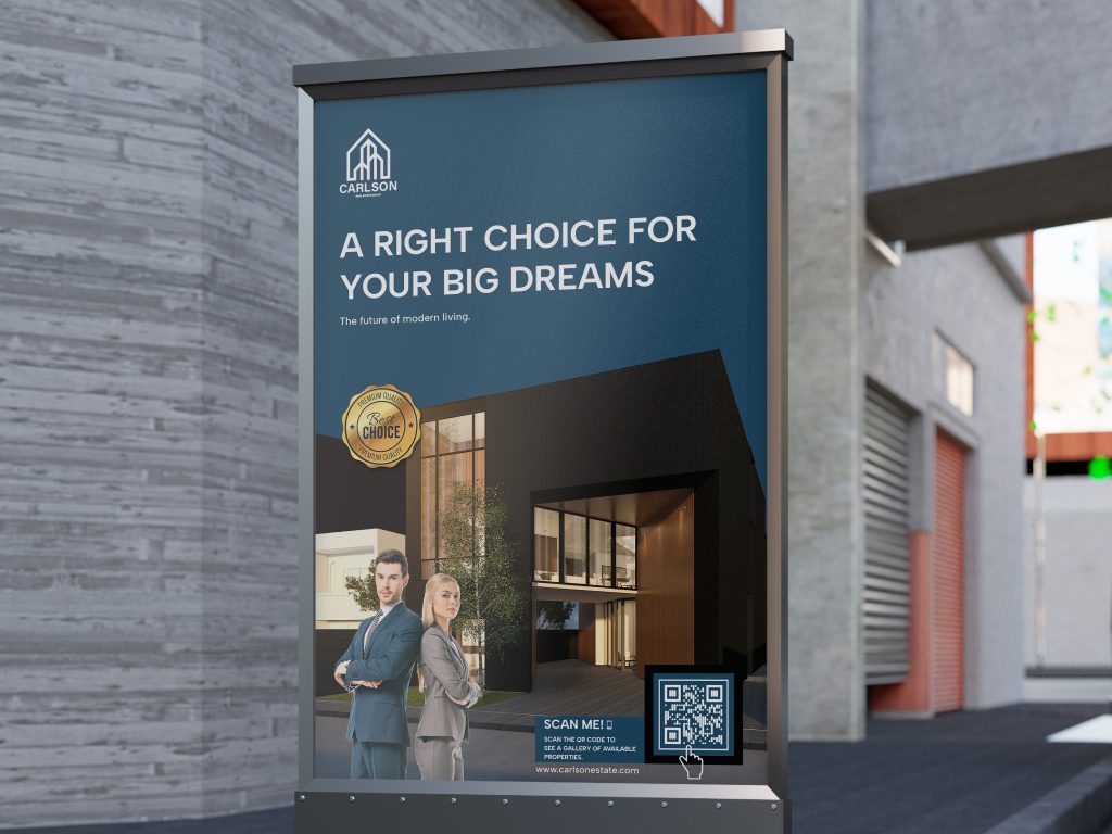 a qr code on a sign on the side of a building for real estate