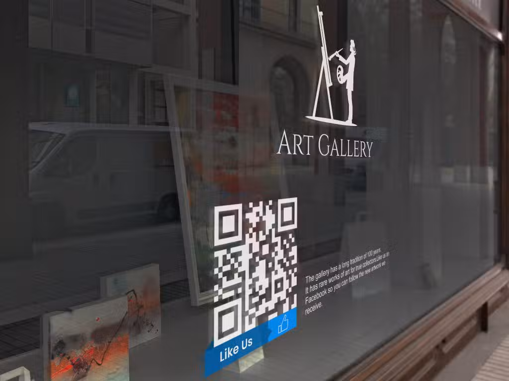an art gallery window with a qr code on it