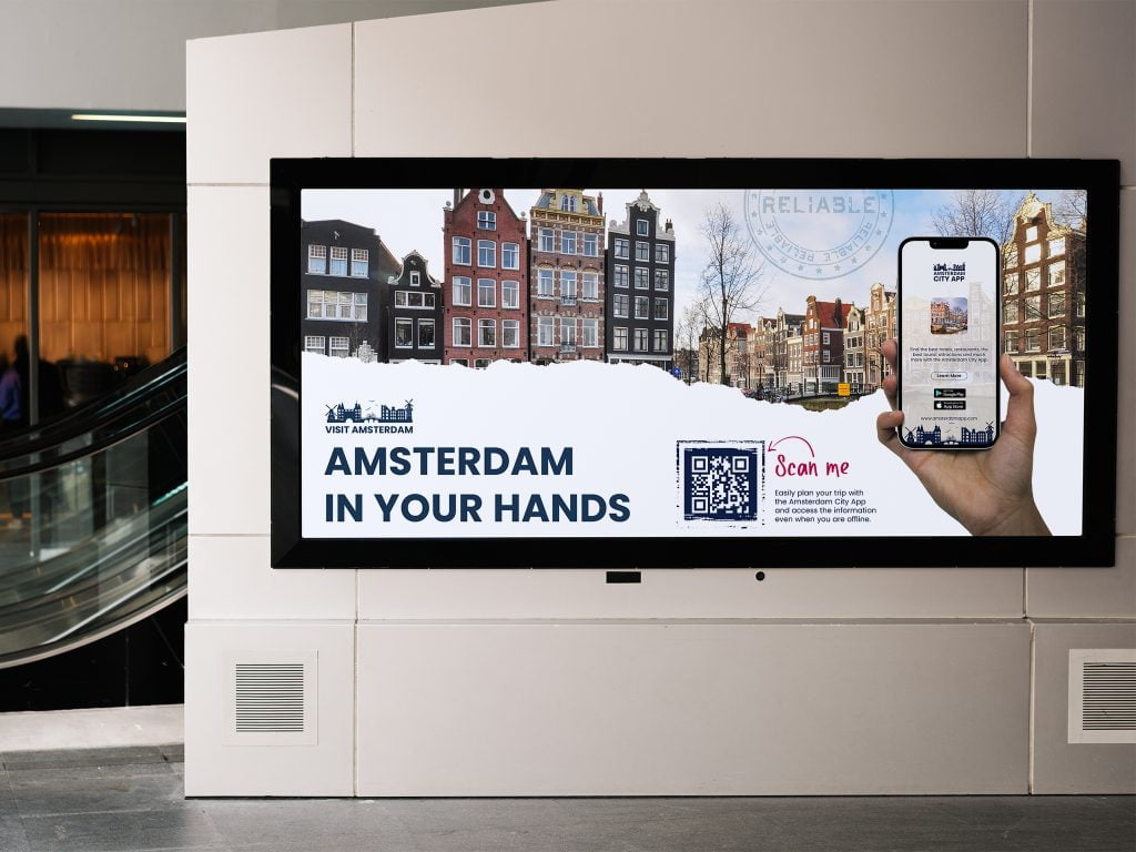 an app QR code on Digital Signage with a hand holding a cell phone in front of a view of amsterdam