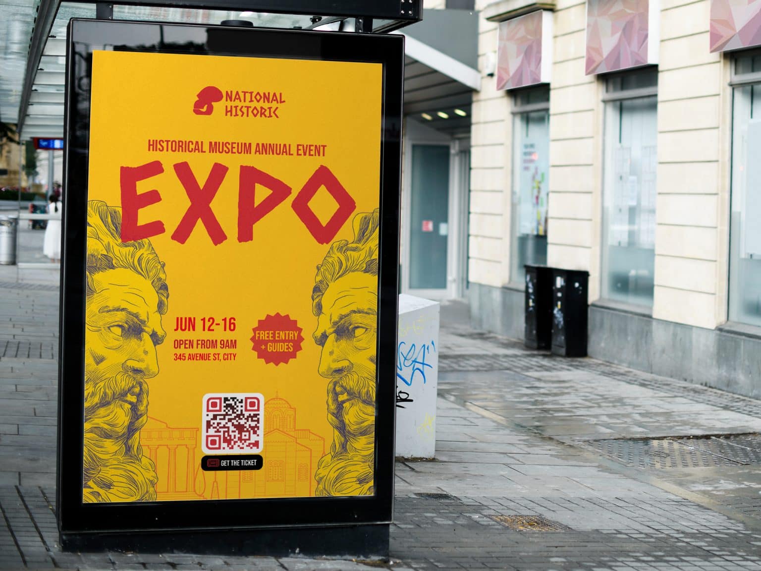 a qr code on a digital sign for an expo with a yellow color scheme