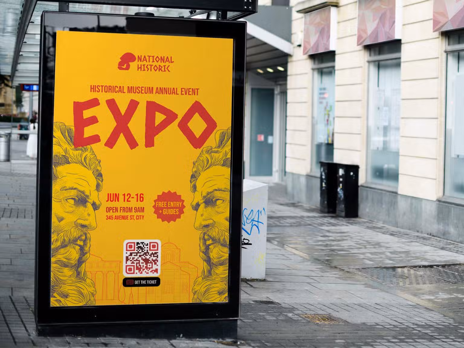 a qr code on a digital sign for an expo with a yellow color scheme