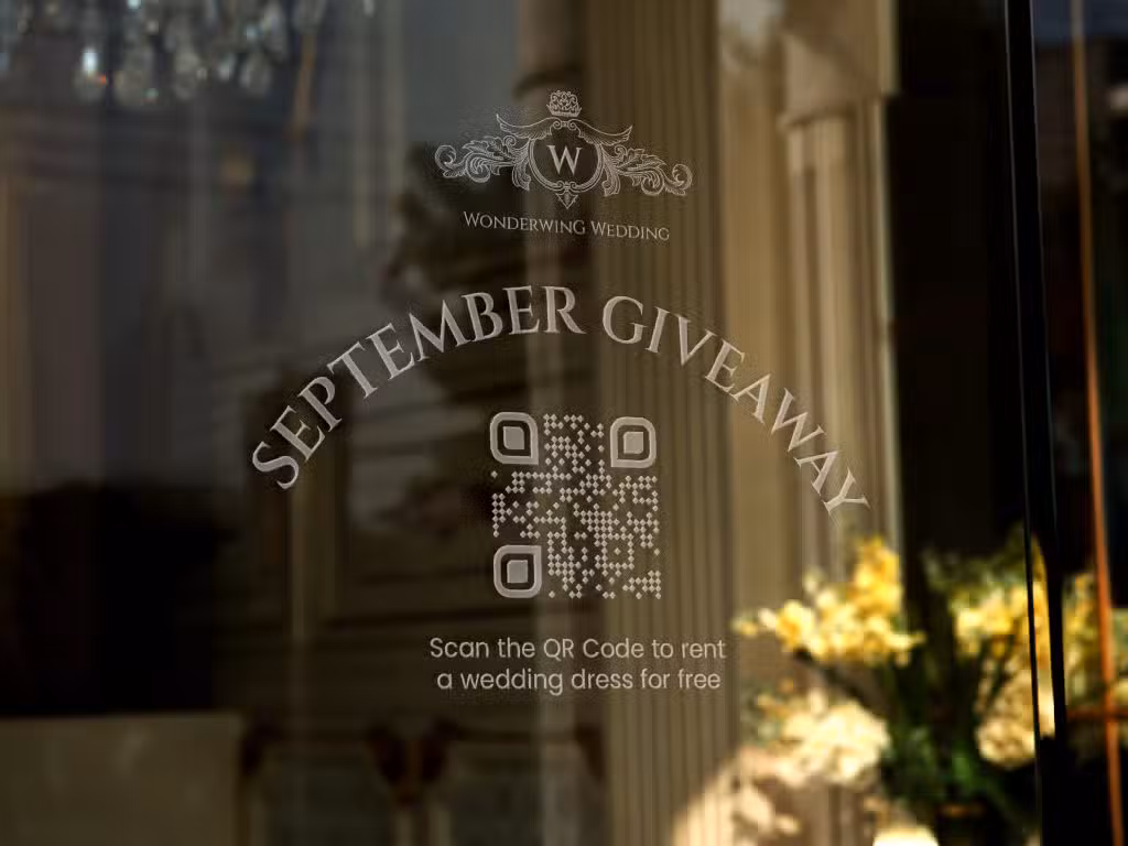 QR codes on Giveaways on a window of a wedding boutique