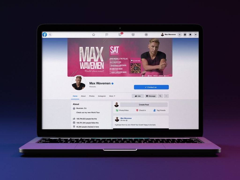 a facebook site that is on a computer with a pink and purple setting and a qr code in the banner