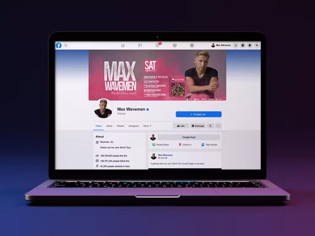 a facebook site that is on a computer with a pink and purple setting and a qr code in the banner