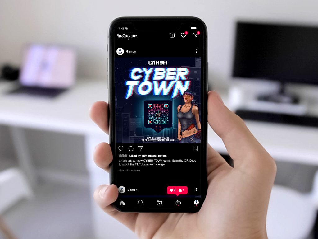 a qr code on a phone screen for the cyber town video game