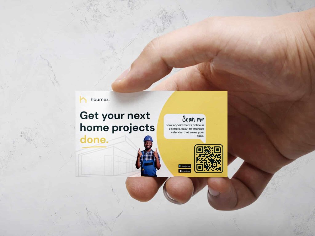 a yellow and white business card with a handyman and his portfolio qr code