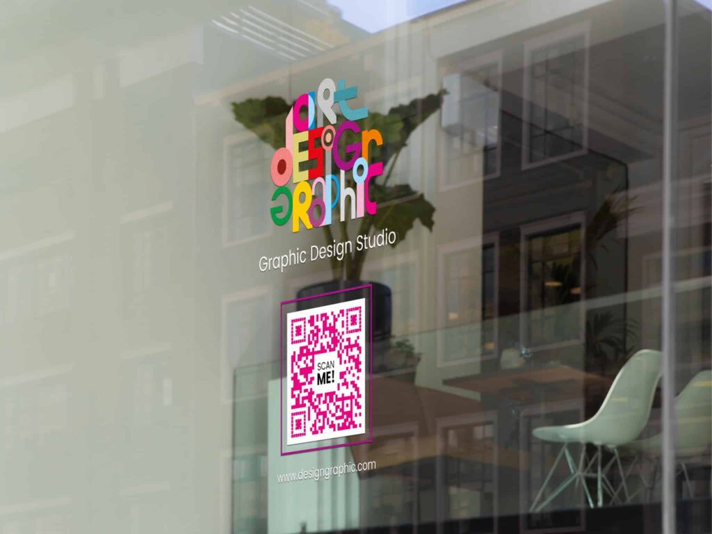 a pink qr code printed on a window