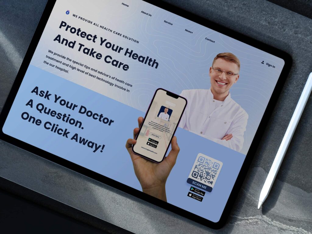a tablet screen with a dentistry ad featuring a hand with mobile phone scanning a qr code