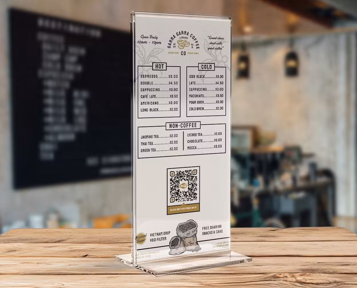 WiFi QR Code on a table menu in a cafe