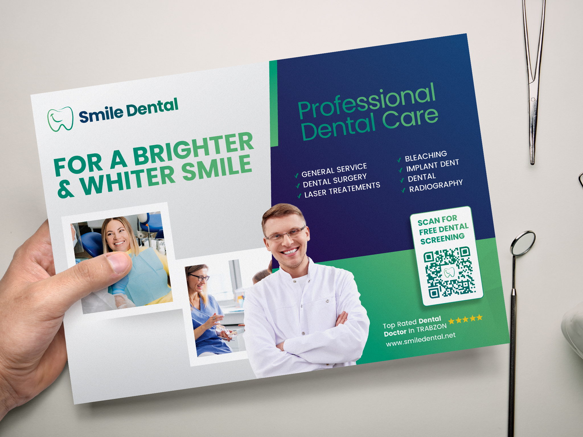a pdf qr code for a dentist office on a blue and green mailer