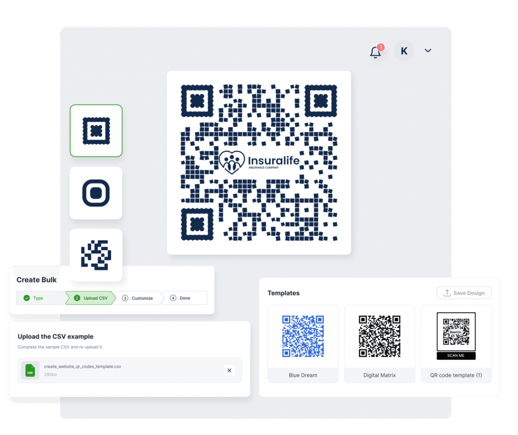 a bulk qr code generator screen with templates to design a qr code, with small navy blue pixels, and template examples