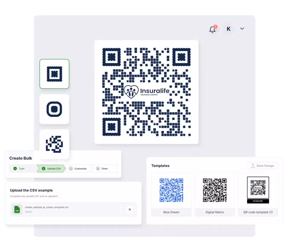 a bulk qr code generator screen with templates to design a qr code, with small navy blue pixels, and template examples