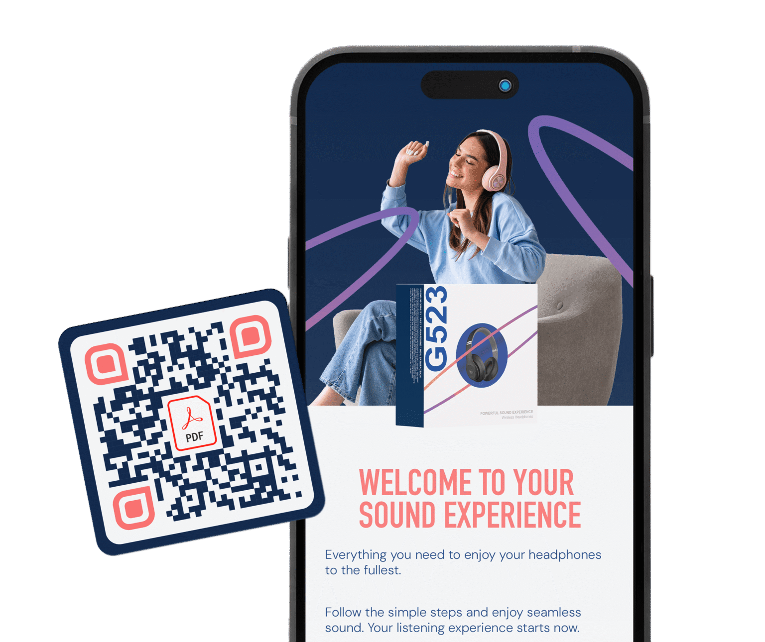 pdf qr code in front of a cell phone with a sound experience on screen
