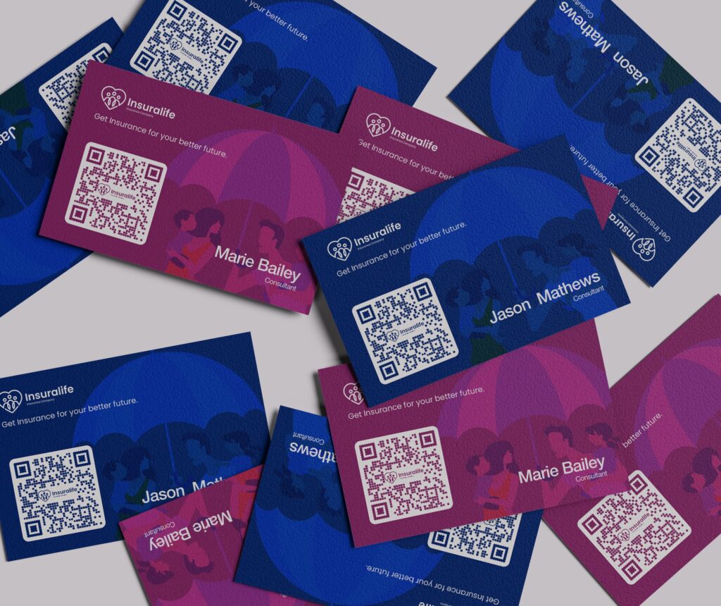blue and magenta business cards with a beautifully designed QR code with logo, generated in bulk