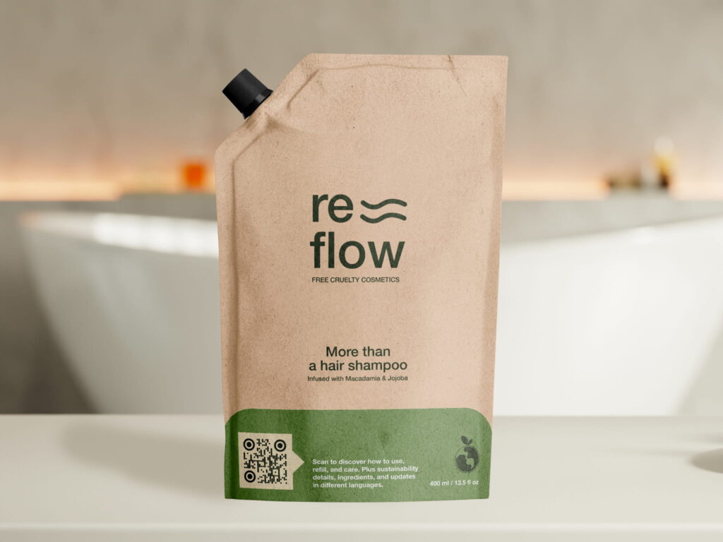 gs1 digital link qr code on a brown and green soap packet on a bathroom counter