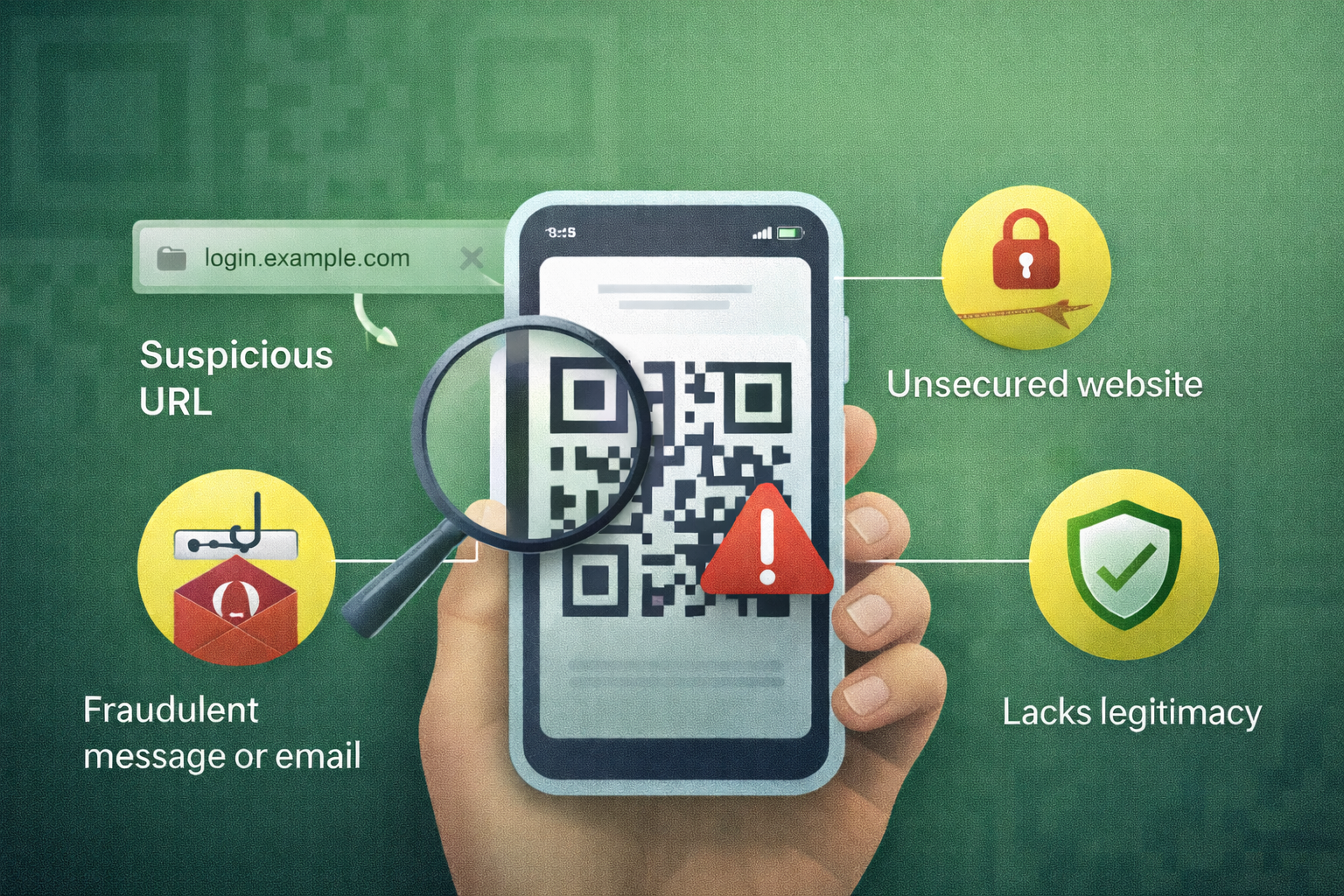 signs of qr code phishing (quishing) written around a hand holding up a cell phone with a qr code on it