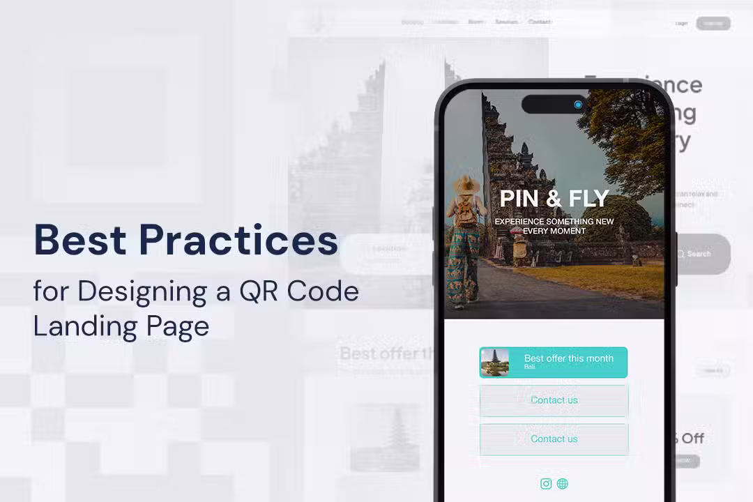 Diseño de una página de destino con un código QR en la pantalla de un móvil, con alguien viajando