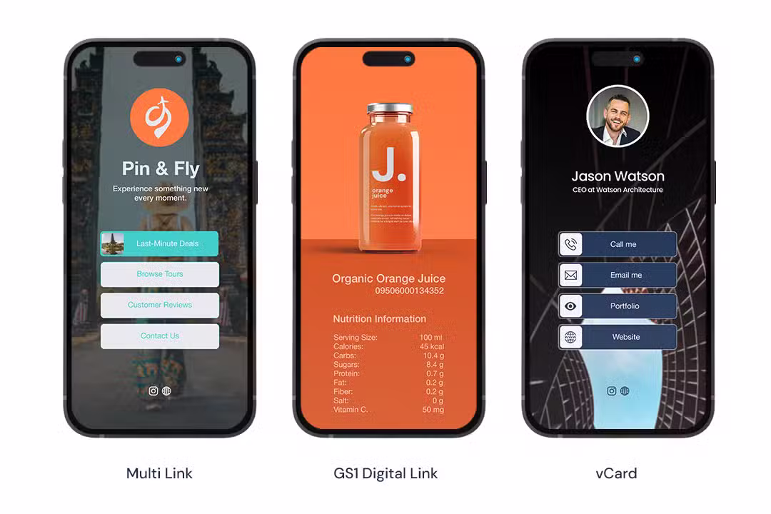 three images on mobile phone screens of qr code landing page designs