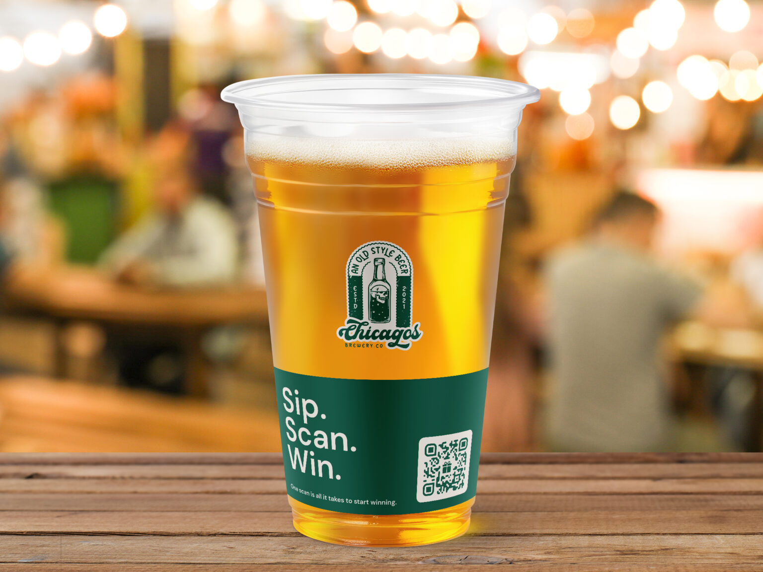 beer on a plastic cup with a qr code on it